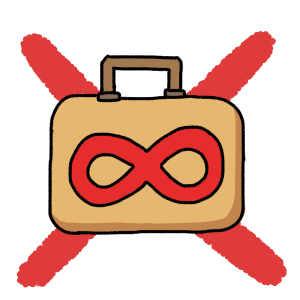 A tan suitcase with a red infinity symbol on it. Behind is a red X